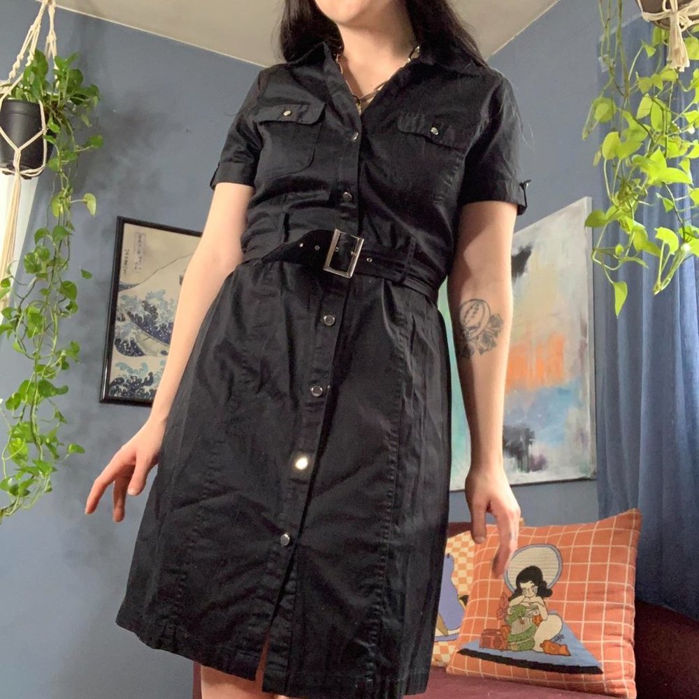 Simple Black And Silver Button Down Belted Dress - image 2